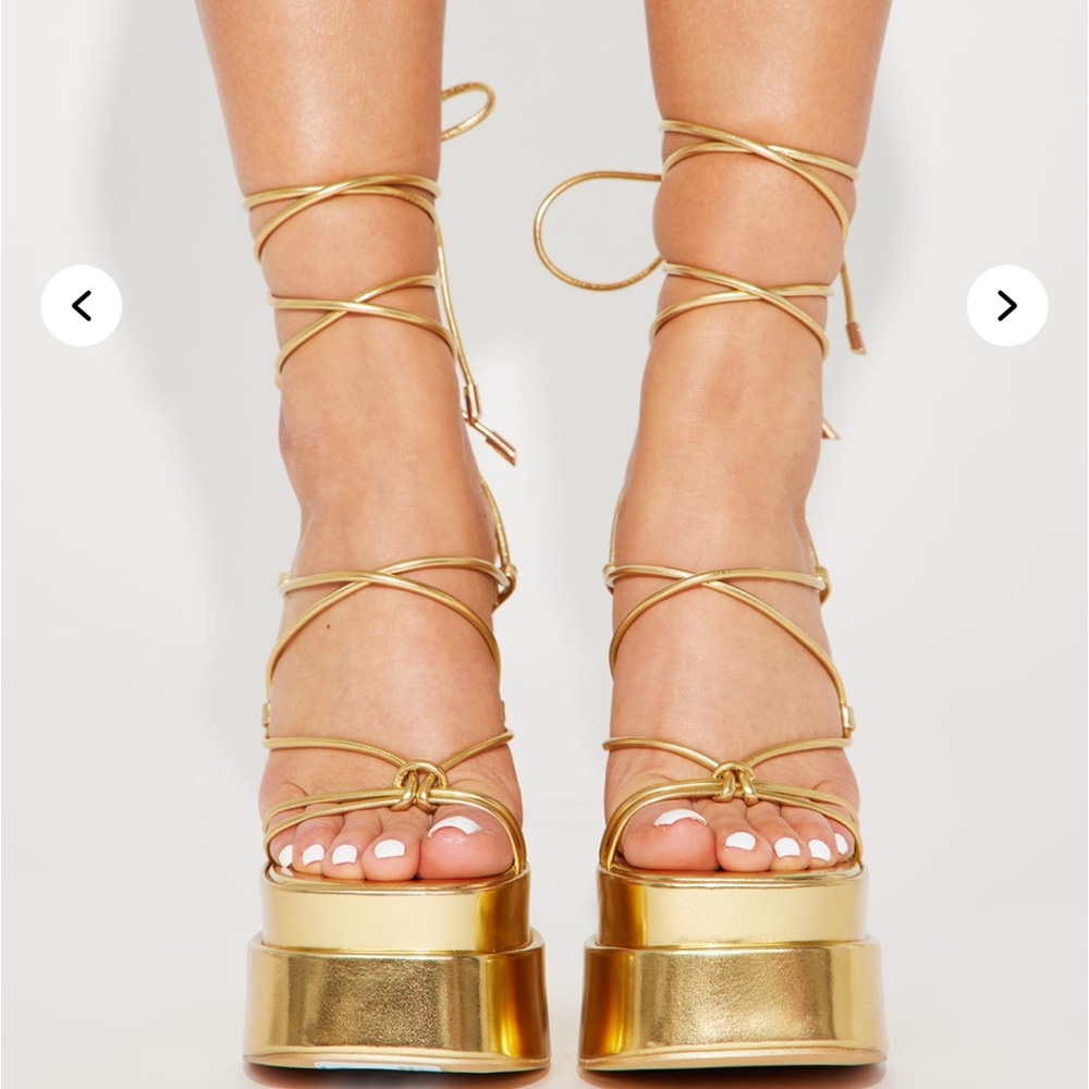 Fashion Nova Gold Strappy tie up Platform Heels